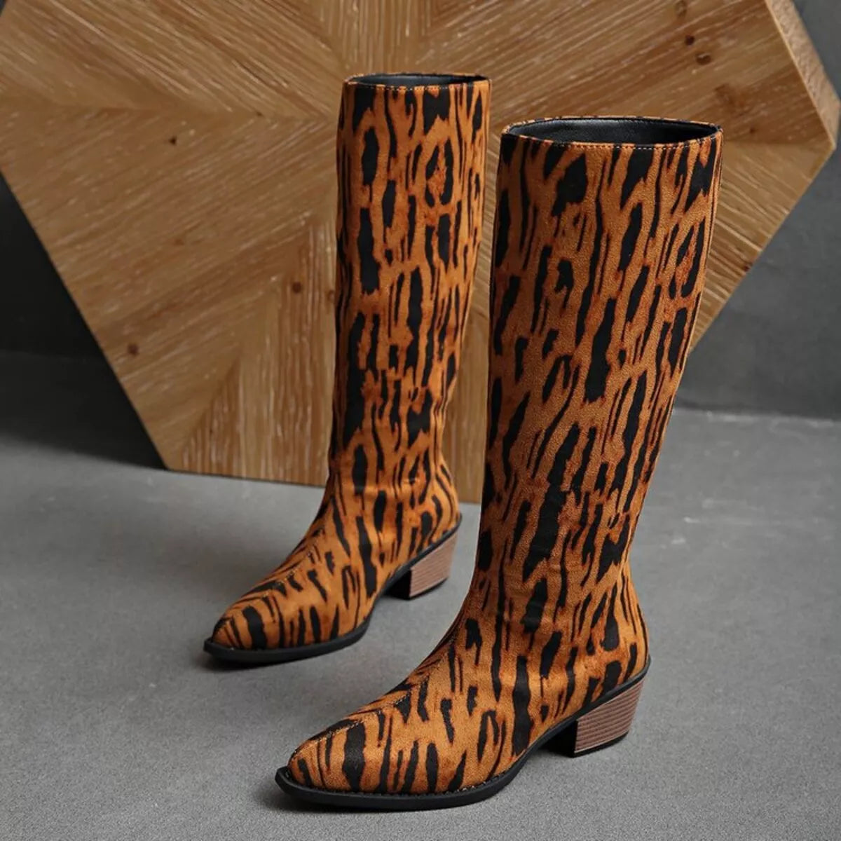 Animal Print Point Toe Block Heels Boots