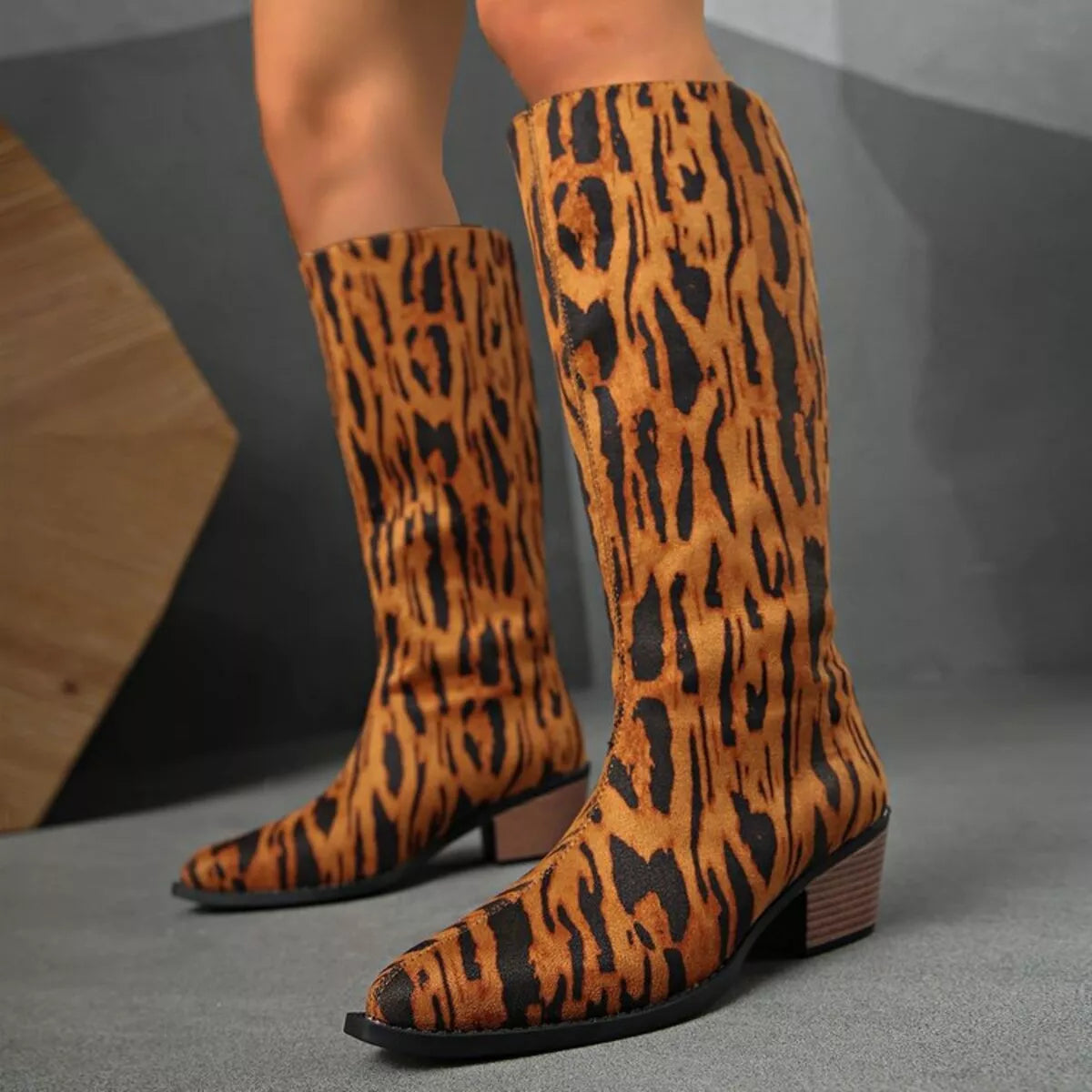 Animal Print Point Toe Block Heels Boots